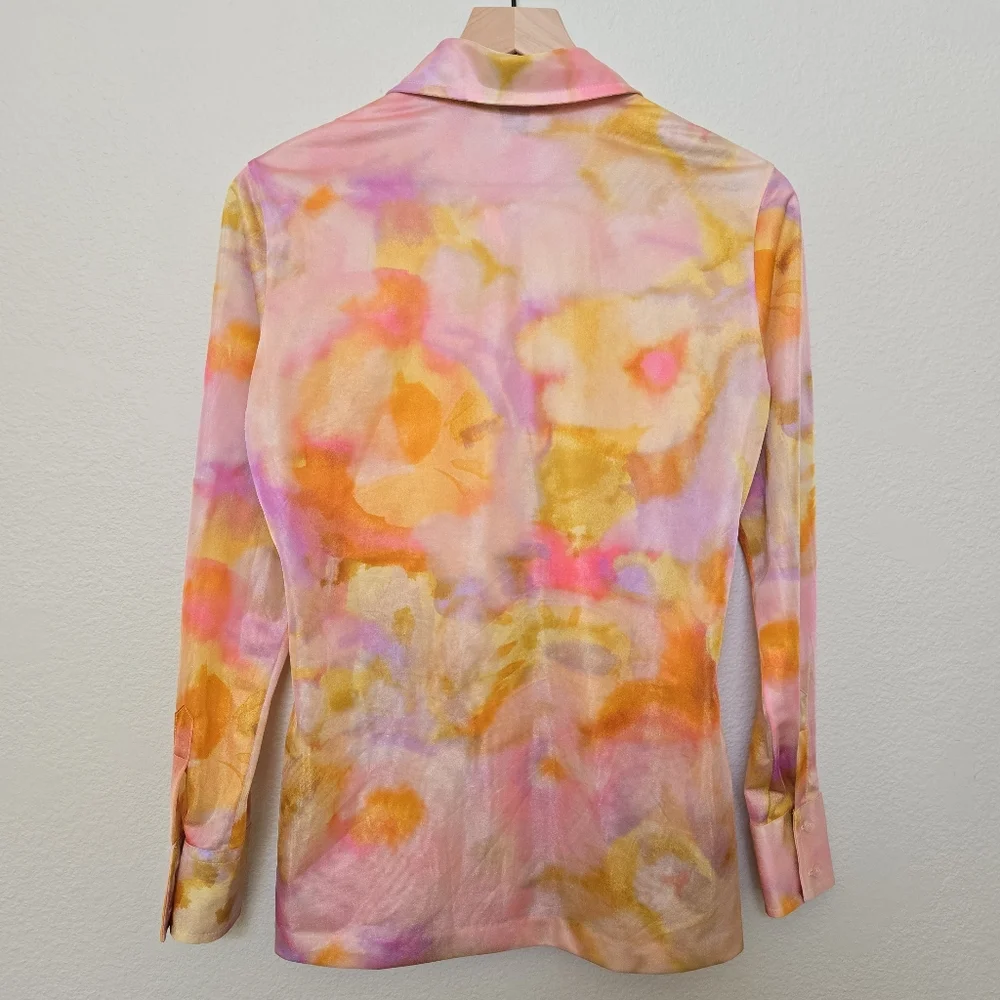 Vintage 70s Lady Manhattan Watercolor Abstract Groovy Pink Blouse - Picture 7 of 15